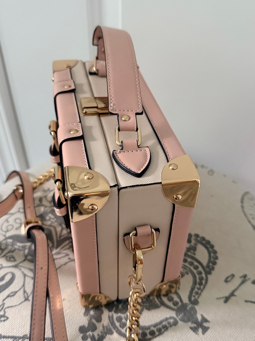 ALDO Structured Pink Mini Trunk Bag with Decorative Travel Panels - Picture 3 of 8